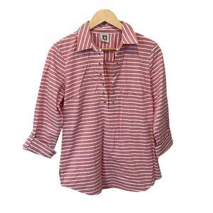 Anne Klein Women Small Shirt Red Striped Button Front 3/4 Sleeve Career Blouse